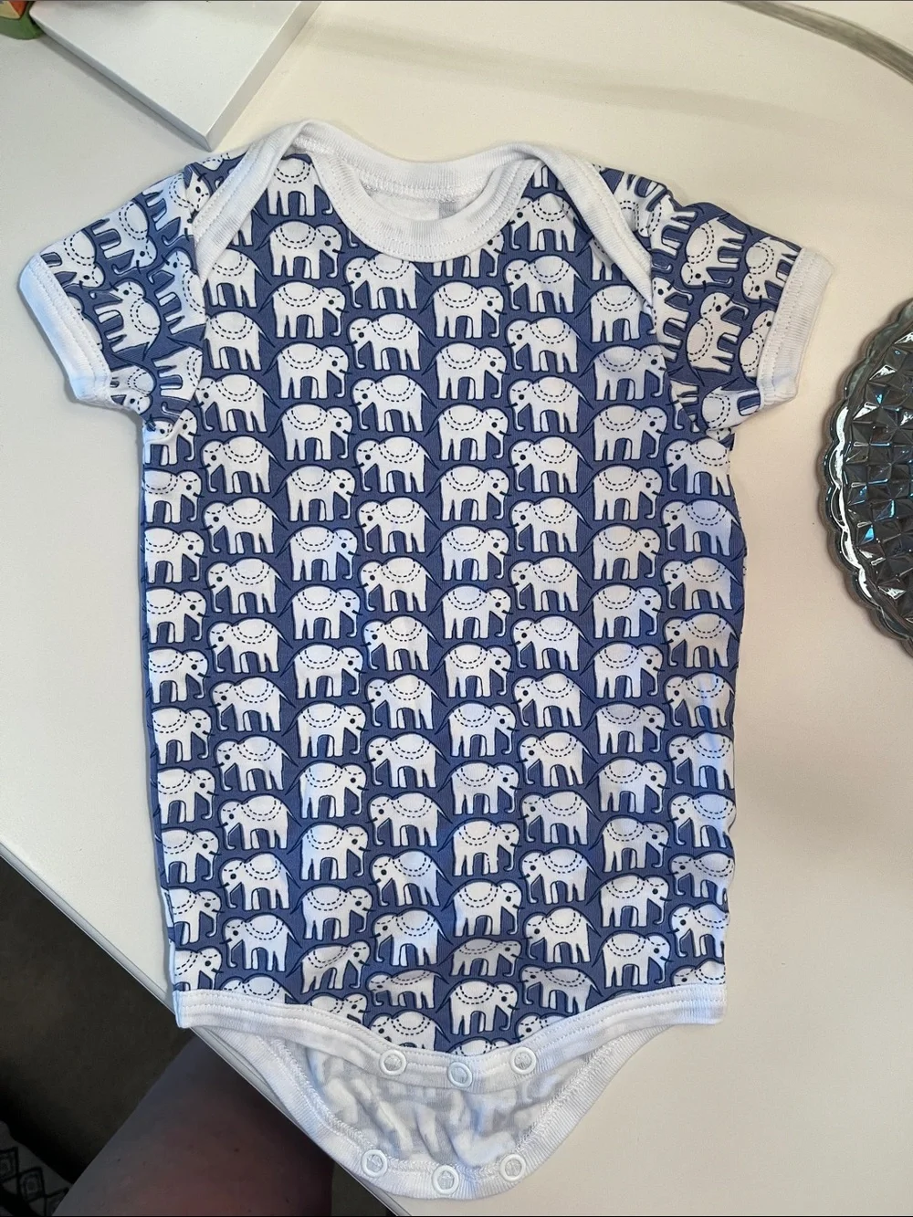 Roberta Roller Rabbit Blue & White Elephant Print Baby Onesie